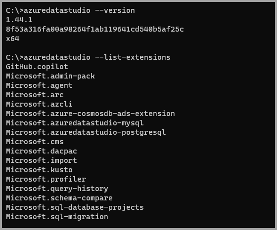Снимок экрана: выходные данные командной строки для Azure Data Studio.
