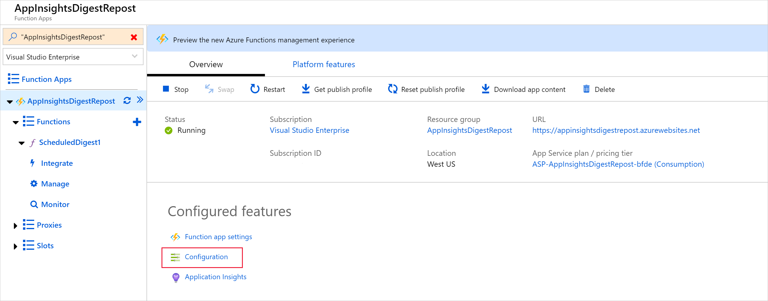 Снимок экрана: параметры приложения-функции Azure.