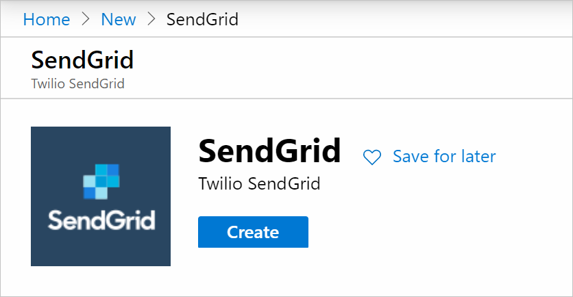 Снимок экрана: кнопка SendGrid Create (Создать)
