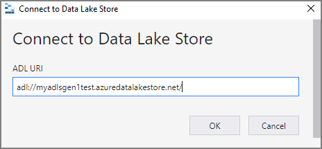 Снимок экрана: диалоговое окно подключения к Data Lake Store с текстовым полем для ввода URI