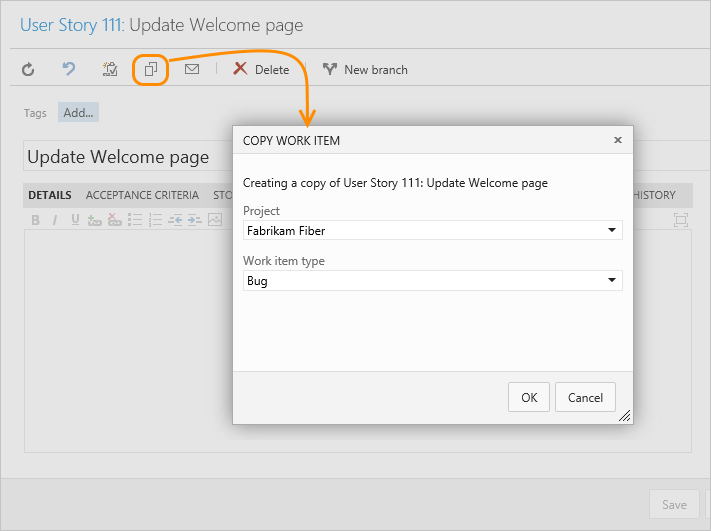 TFS 2015, web portal, user story work item form, choose copy-clone icon.