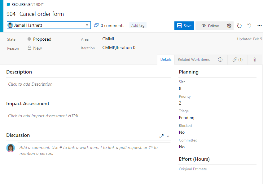 Requirements work item form