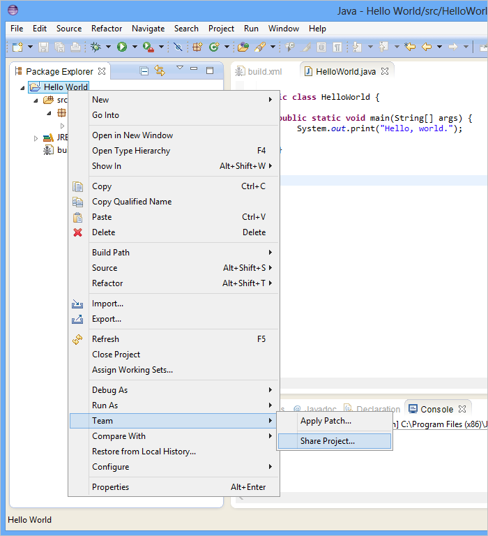 In the Package Explorer, the project's context menu, Team, Share Project