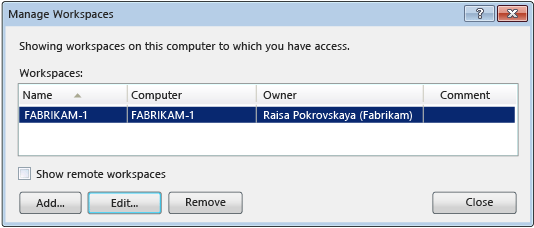 Manage Workspaces dialog box