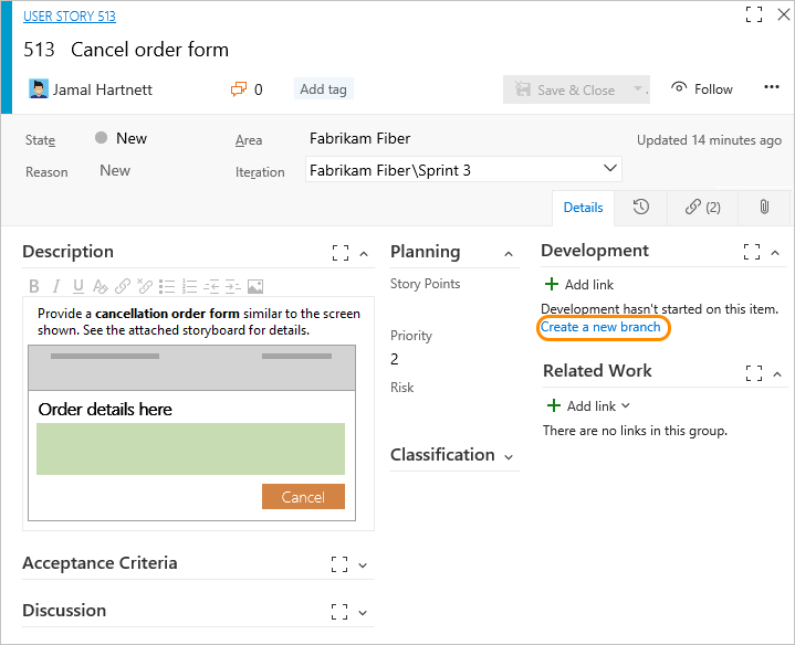 User story work item form, Development section, create new branch