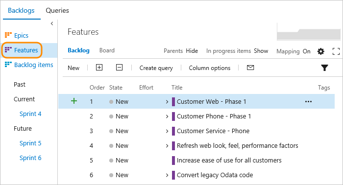 Screenshot of the Features backlog, TFS 2018.