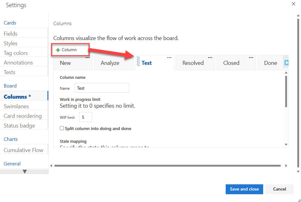 Screenshot that shows the Settings dialog and selections for adding a Test column.