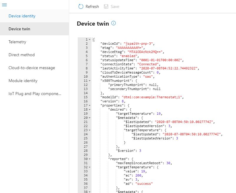 Снимок экрана средства Azure IoT Explorer, который показывает идентификатор модели в свойстве цифрового двойника.