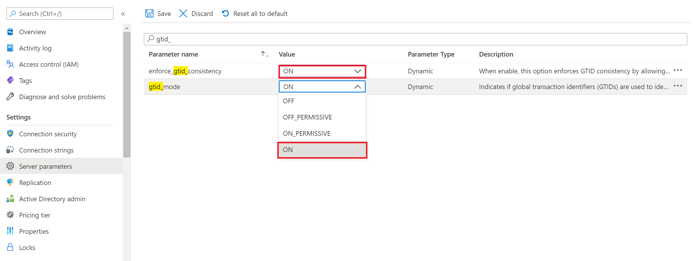 Включение GTID на сервере Базы данных Azure для MySQL