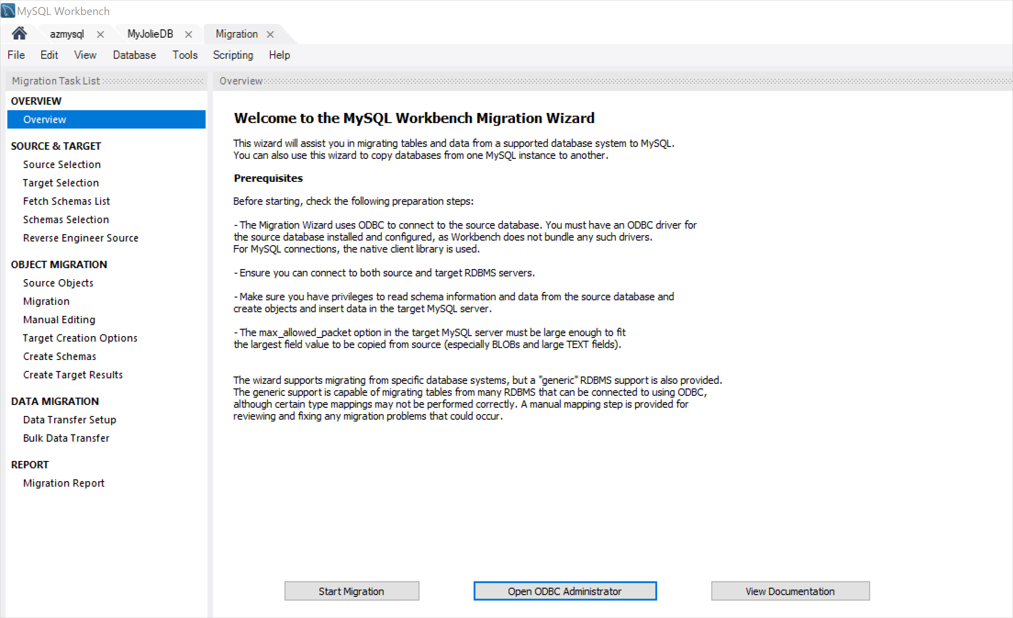 Страница приветствия мастера миграции MySQL Workbench