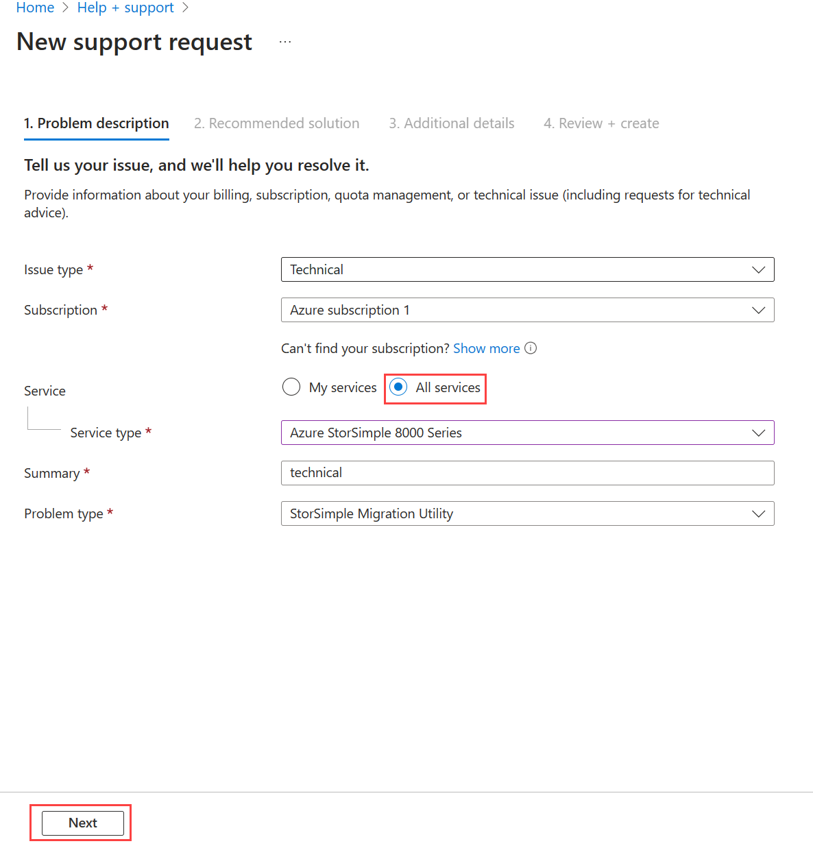 Снимок экрана: страница справки и поддержки на портале Azure.