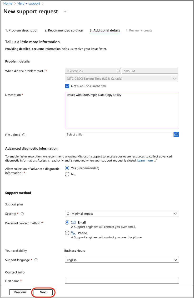 Снимок экрана: сведения о поддержке на портале Azure.
