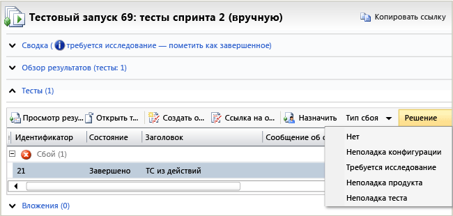 Страница анализа тестовых запусков в MTM