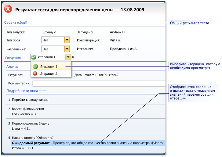 Просмотр результатов теста с итерациями