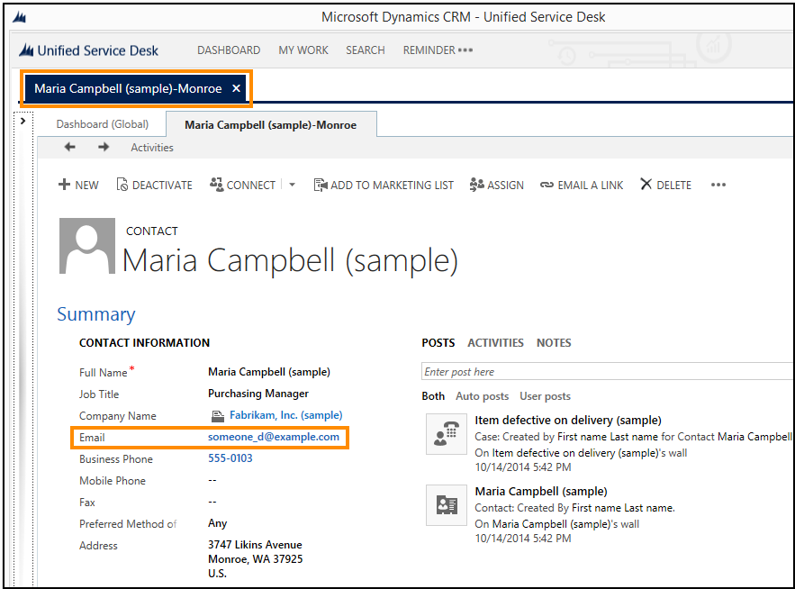 Matching CRM contact record displayed in a session