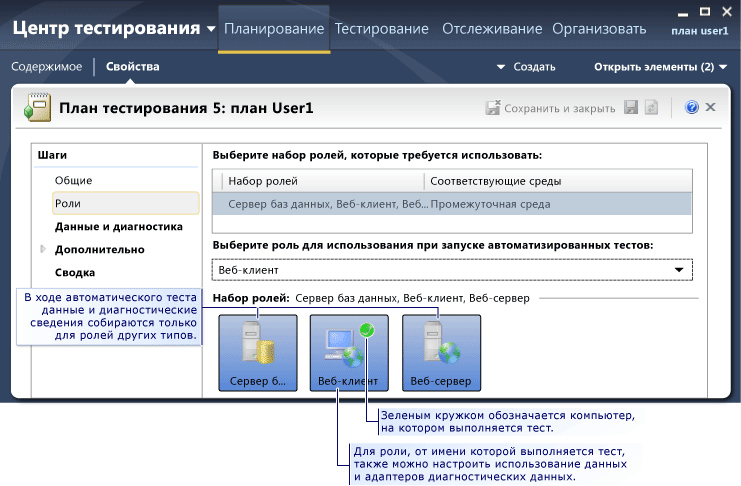 Страница "Роли параметров тестирования"