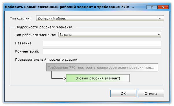 Диалоговое окно добавления нового связанного рабочего элемента