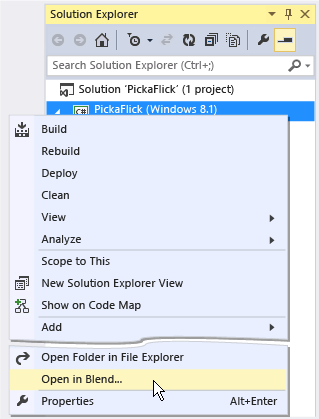 Команда "Открыть в Blend" в Visual Studio