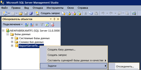 Существующие базы данных перед восстановлением необходимо отсоединить