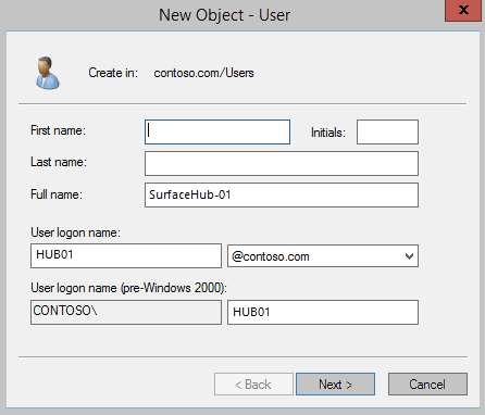 Поле «Новый объект» для создания пользователя в Active Directory. 