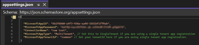 Снимок экрана: элемент appsettings в формате JSON.