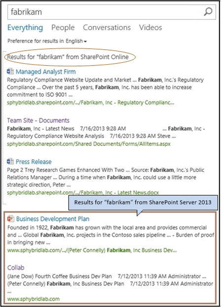 Снимок экрана результатов гибридного поиска в SharePoint Server 2013