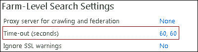 Снимок экрана с параметрами времени ожидания для программы-обходчика на странице "Администрирование поиска в ферме"
