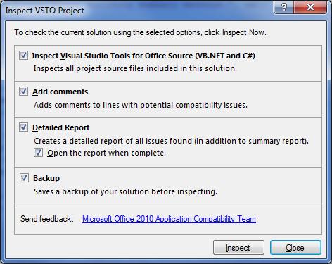 Диалоговое окно "Inspect VSTO Project" (Проверка проекта VSTO)