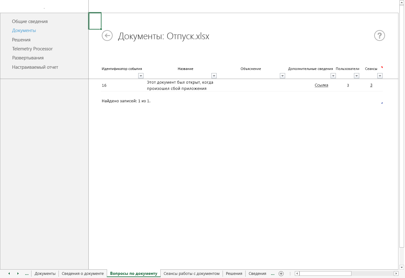 Снимок экрана с таблицей "Вопросы по документу" из панели мониторинга телеметрии Office.