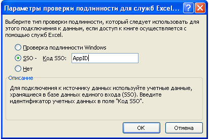 Диалоговое окно "Параметры проверки подлинности для служб Excel"