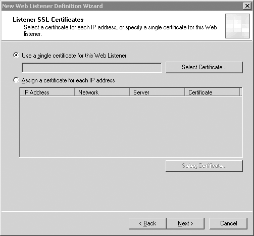Окно SSL-сертификатов прослушивателя