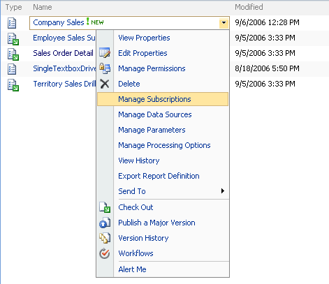 Команды меню для элементов сервера отчетов