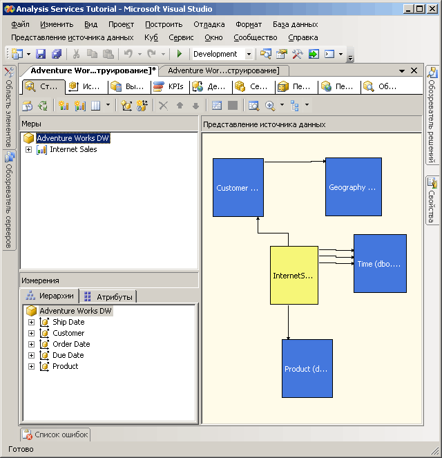 Куб учебника по службам Analysis Services в конструкторе кубов