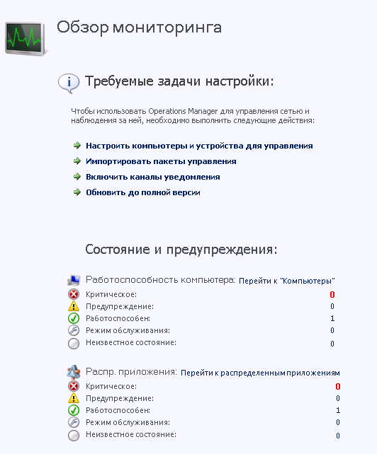 Обзор монитора содержит сводку состояния предупреждения