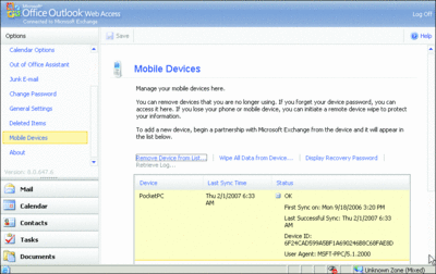 Рис. 5 Управление устройством с помощью Outlook Web Access