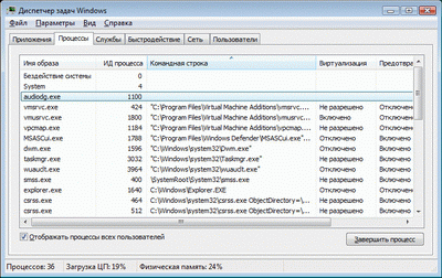 Просмотр защищенного процесса audiodg с помощью диспетчера задач 