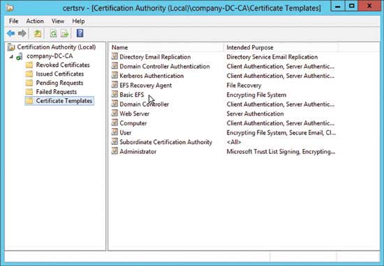 В консоли Certification Authority показан список шаблонов сертификатов