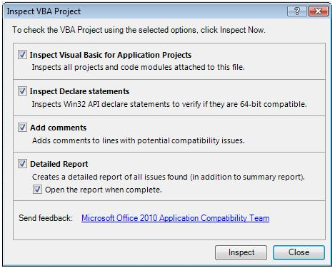 The Microsoft Office 2010 Code Compatibility Inspector dialog window offers four options from which to choose when prompted to inspect VBA code for Word, Excel or PowerPoint