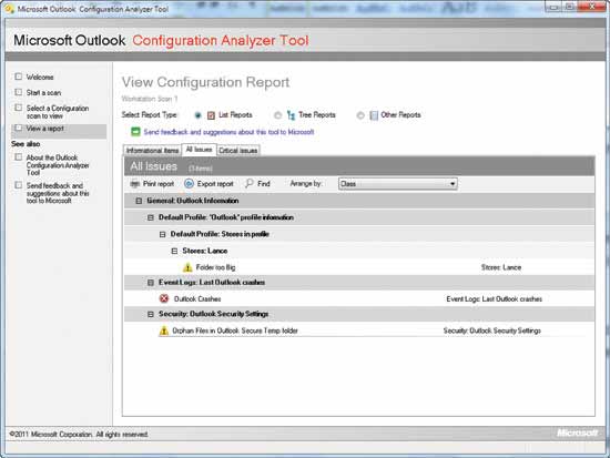 Microsoft Outlook Configuration Analyzer Tool перечисляет проблемы и сортирует их по важности