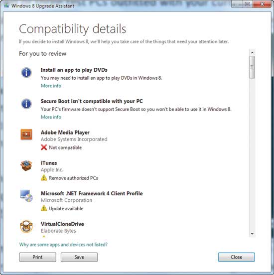 Окно Compatibility details предоставляет больше информации о том, что требуется для обеспечения полной совместимости