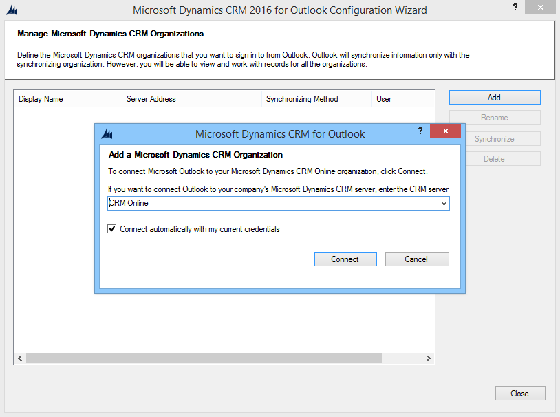 Снимок экрана: диалоговое окно Microsoft Dynamics C R M для Outlook.