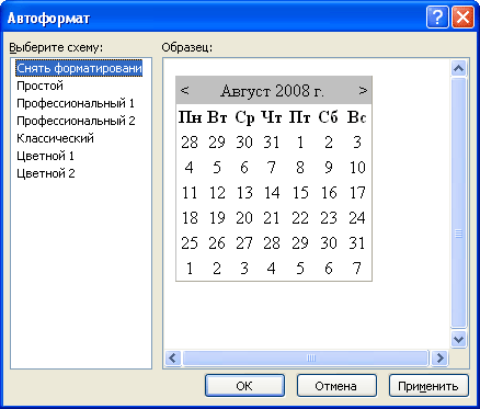 Диалоговое окно “Автоформат” (элемента управления “Календарь”)