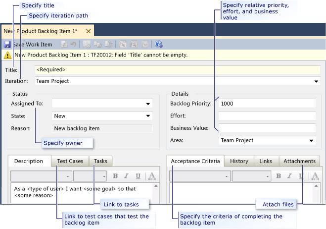 Screenshot showing a new product backlog item