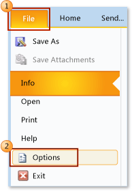 Выбор меню "Файл", "Параметры" в Outlook 2010