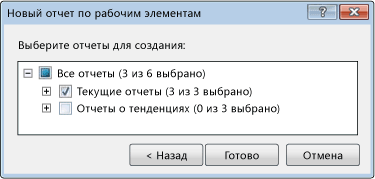 Исходное диалоговое окно "Новый отчет по рабочим элементам"