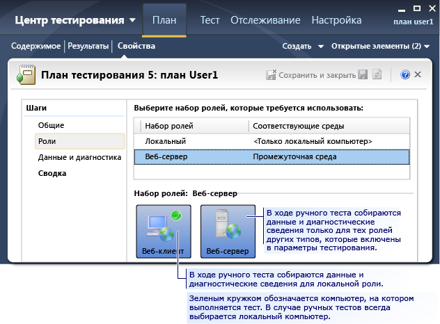 Страница "Роли параметров тестирования"