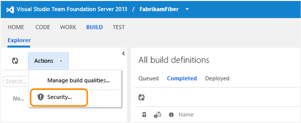 Security link in Actions menu on Build page