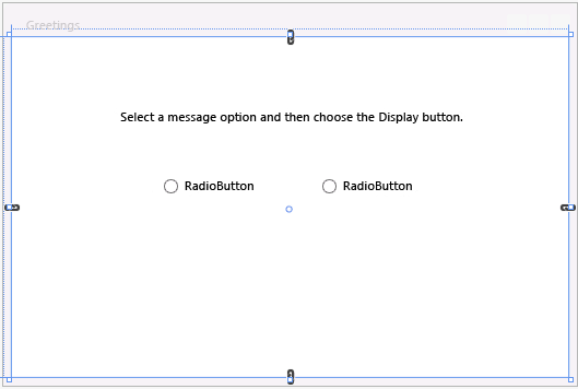 Форма Greetings с блоком текста и двумя переключателями