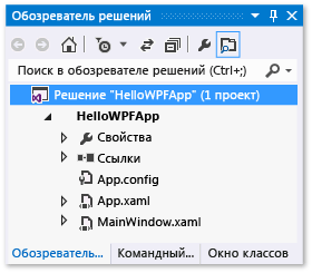 Обозреватель решений с добавленными файлами HelloWPFApp