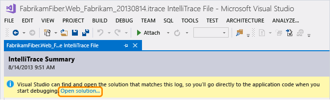 FFR_ITSummaryPageOpenSolution Open solution from IntelliTrace log